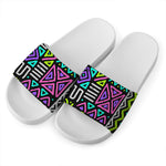 Neon Native Aztec Pattern Print White Slide Sandals