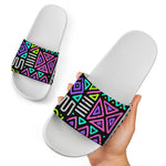 Neon Native Aztec Pattern Print White Slide Sandals