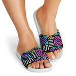 Neon Native Aztec Pattern Print White Slide Sandals