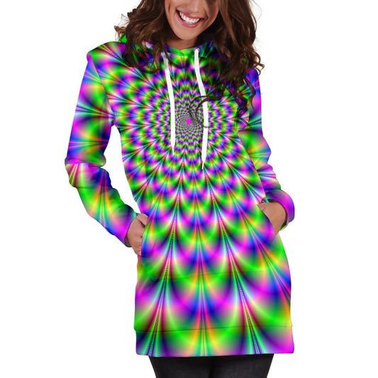 Neon Psychedelic Optical Illusion Hoodie Dress GearFrost