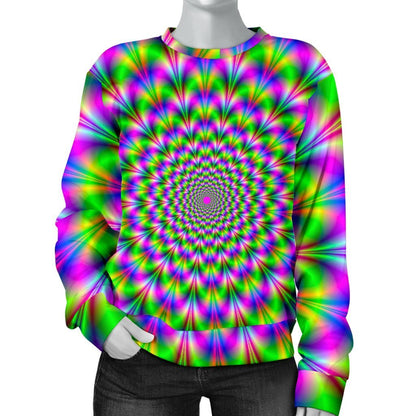 Neon Psychedelic Optical Illusion Women's Crewneck Sweatshirt GearFrost