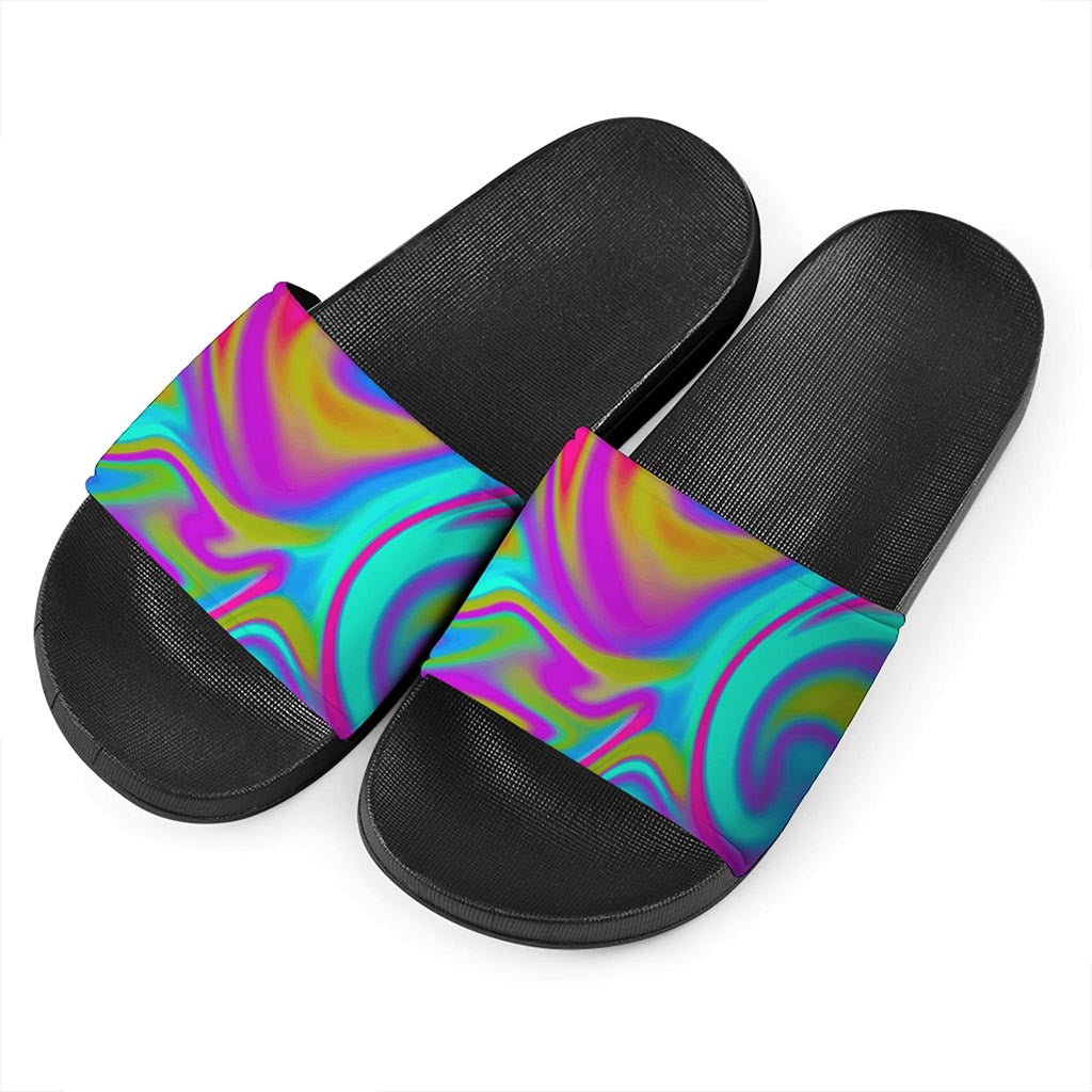 Neon Psychedelic Trippy Print Black Slide Sandals