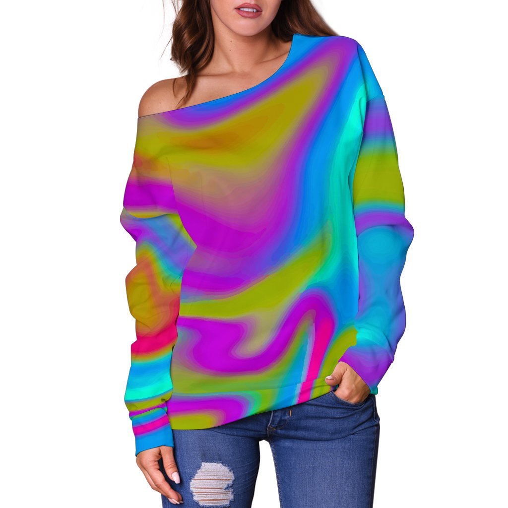 Neon Psychedelic Trippy Print Off Shoulder Sweatshirt GearFrost