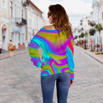 Neon Psychedelic Trippy Print Off Shoulder Sweatshirt GearFrost