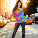 Neon Psychedelic Trippy Print Off Shoulder Sweatshirt GearFrost
