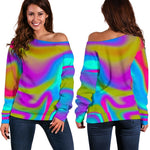 Neon Psychedelic Trippy Print Off Shoulder Sweatshirt GearFrost