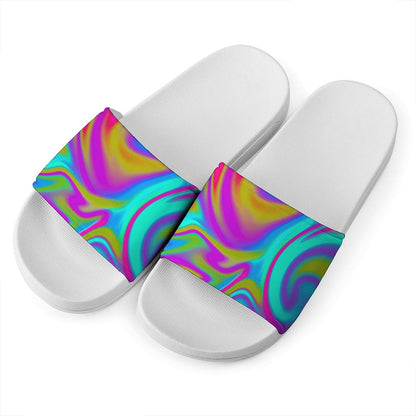 Neon Psychedelic Trippy Print White Slide Sandals