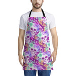 Neon Skull Floral Pattern Print Apron