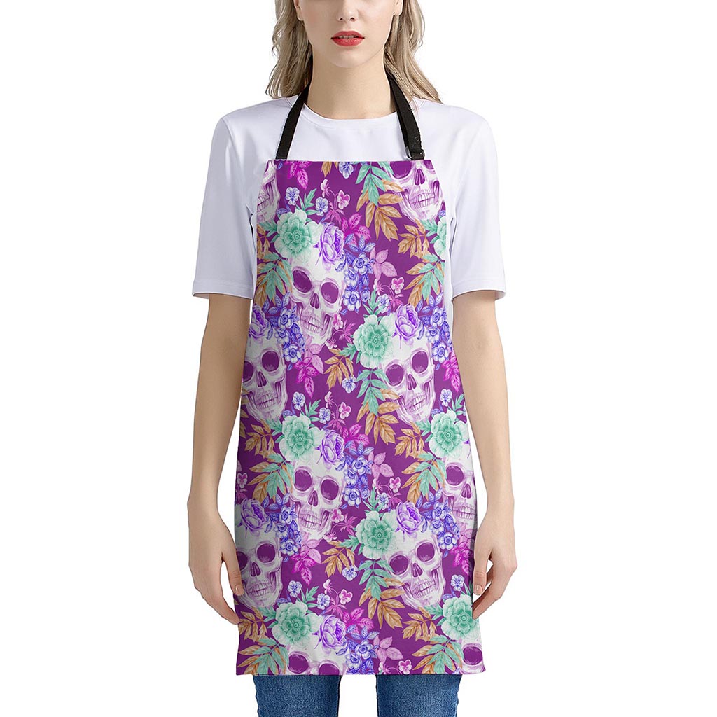 Neon Skull Floral Pattern Print Apron