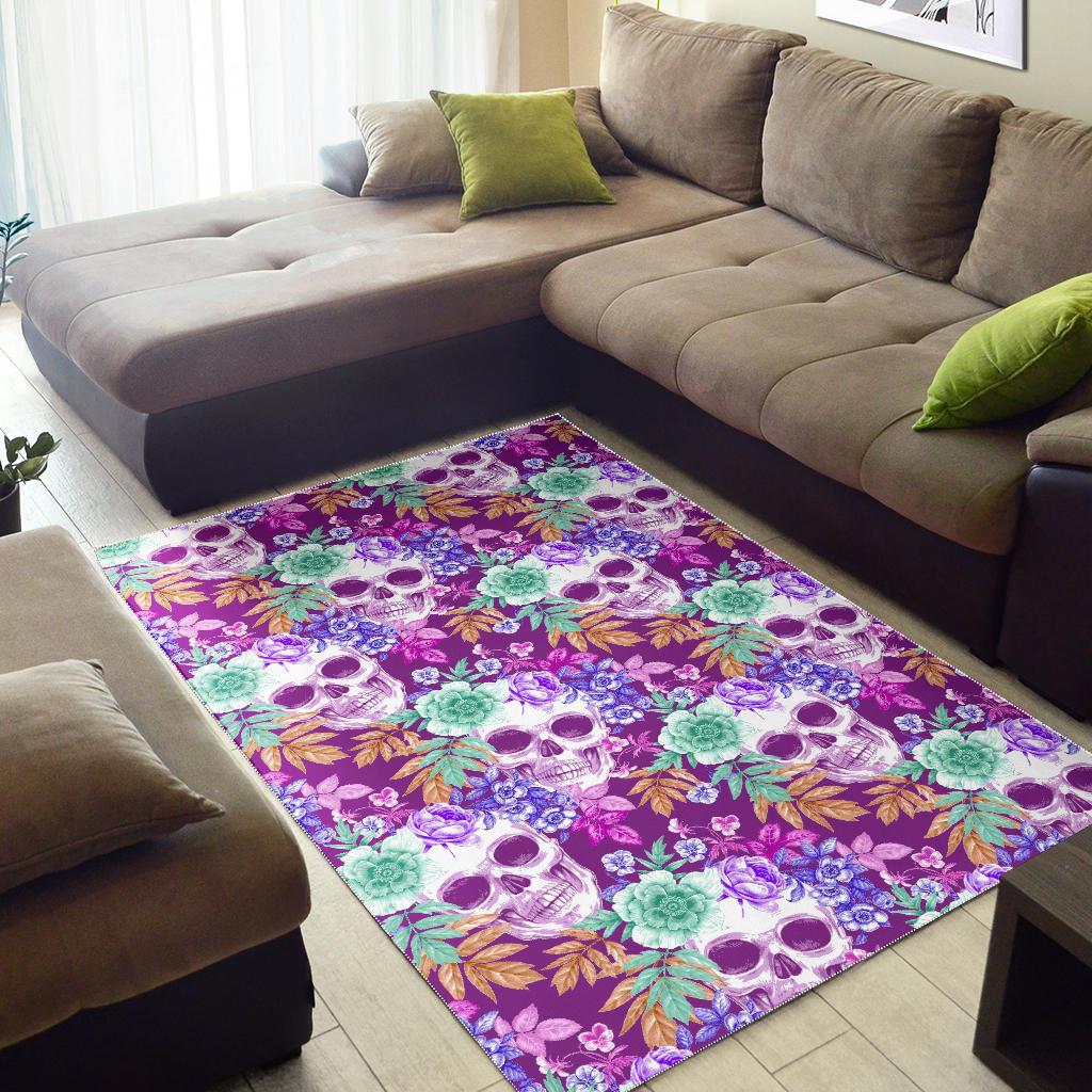 Neon Skull Floral Pattern Print Area Rug GearFrost