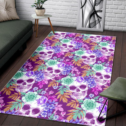Neon Skull Floral Pattern Print Area Rug GearFrost