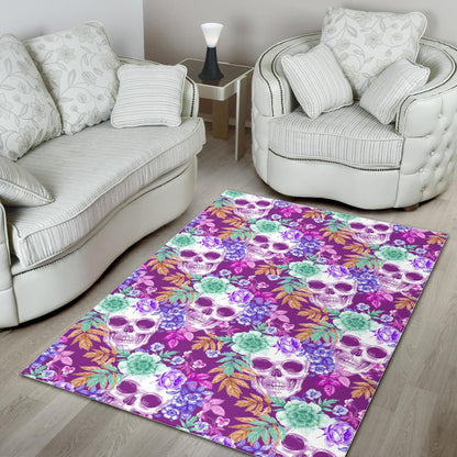 Neon Skull Floral Pattern Print Area Rug GearFrost