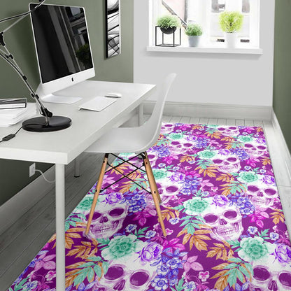 Neon Skull Floral Pattern Print Area Rug GearFrost