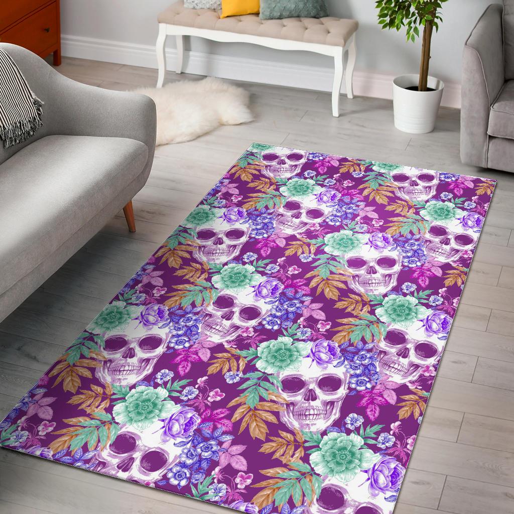 Neon Skull Floral Pattern Print Area Rug GearFrost