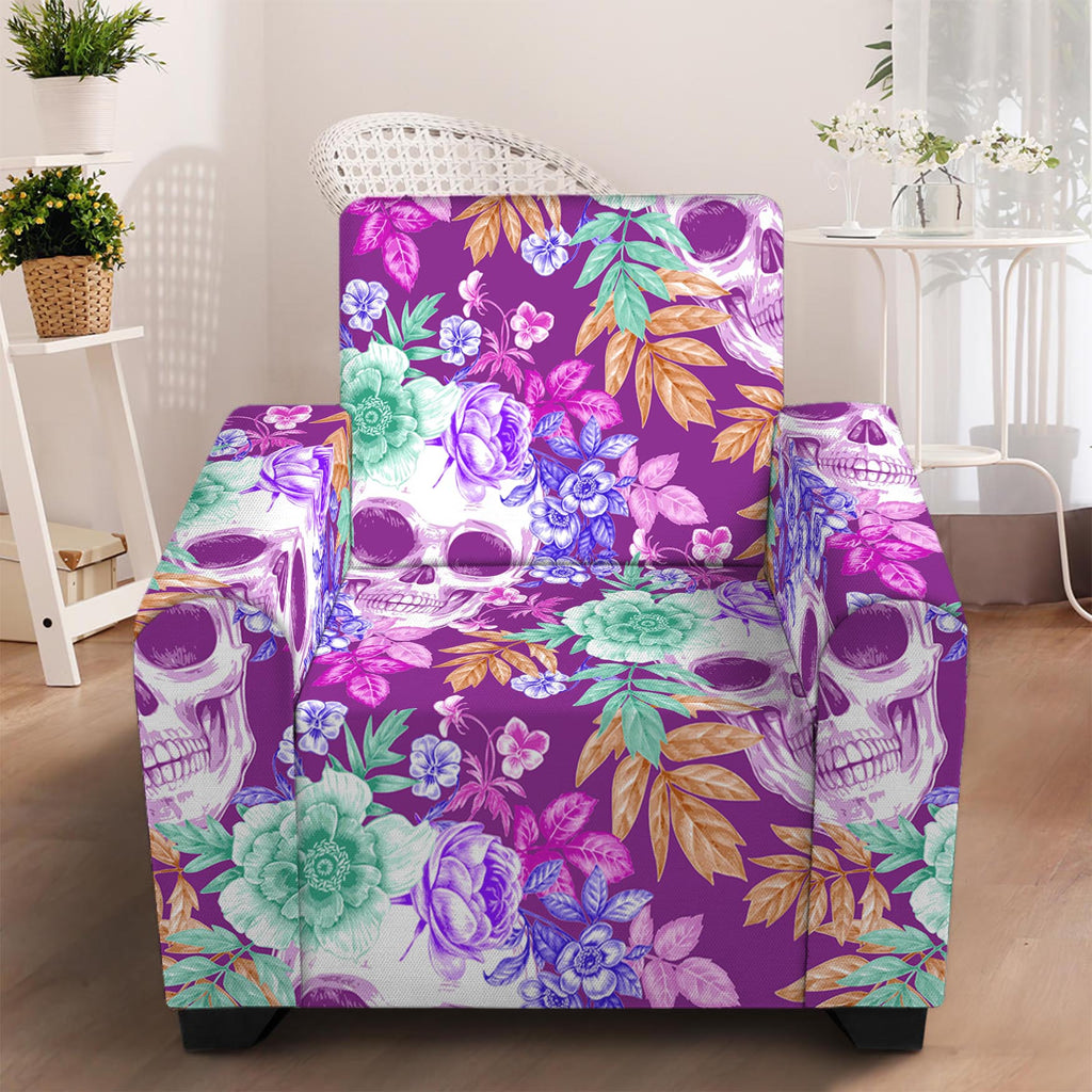 Neon Skull Floral Pattern Print Armchair Slipcover