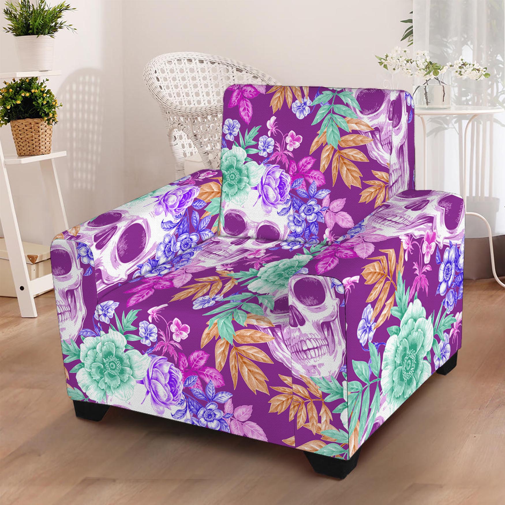 Neon Skull Floral Pattern Print Armchair Slipcover