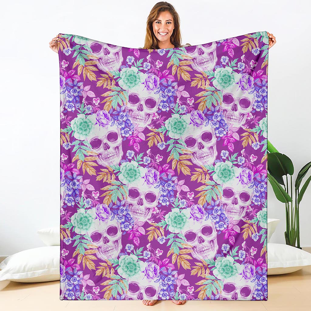Neon Skull Floral Pattern Print Blanket