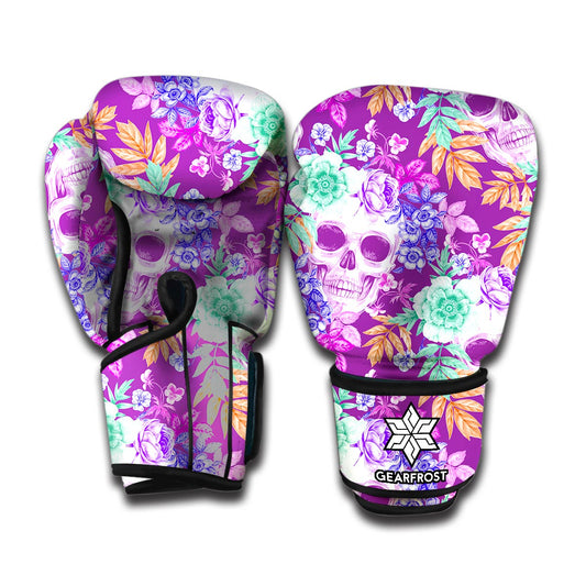 Neon Skull Floral Pattern Print Boxing Gloves