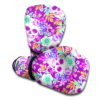 Neon Skull Floral Pattern Print Boxing Gloves