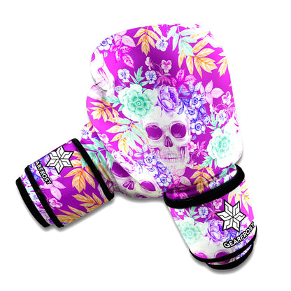 Neon Skull Floral Pattern Print Boxing Gloves