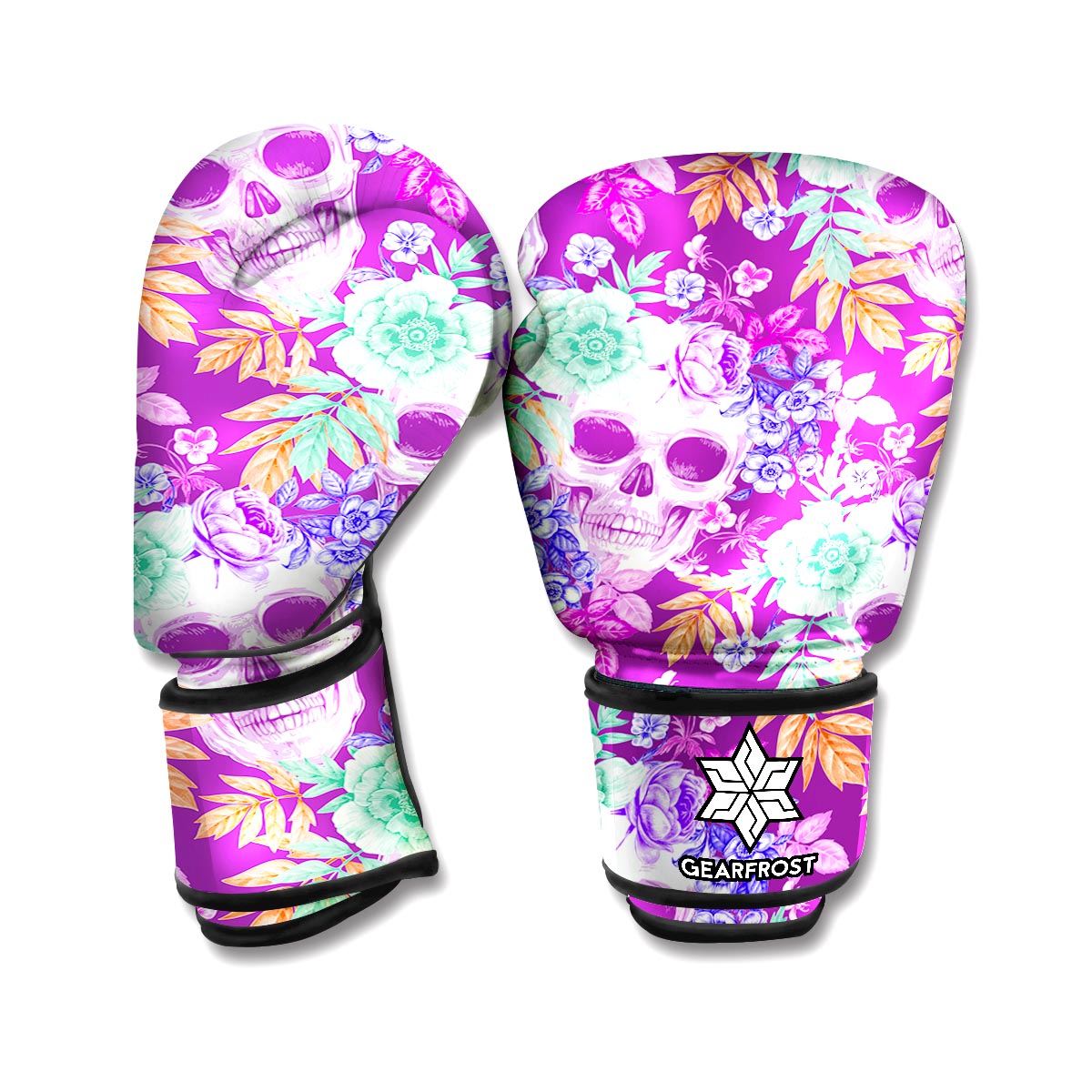 Neon Skull Floral Pattern Print Boxing Gloves