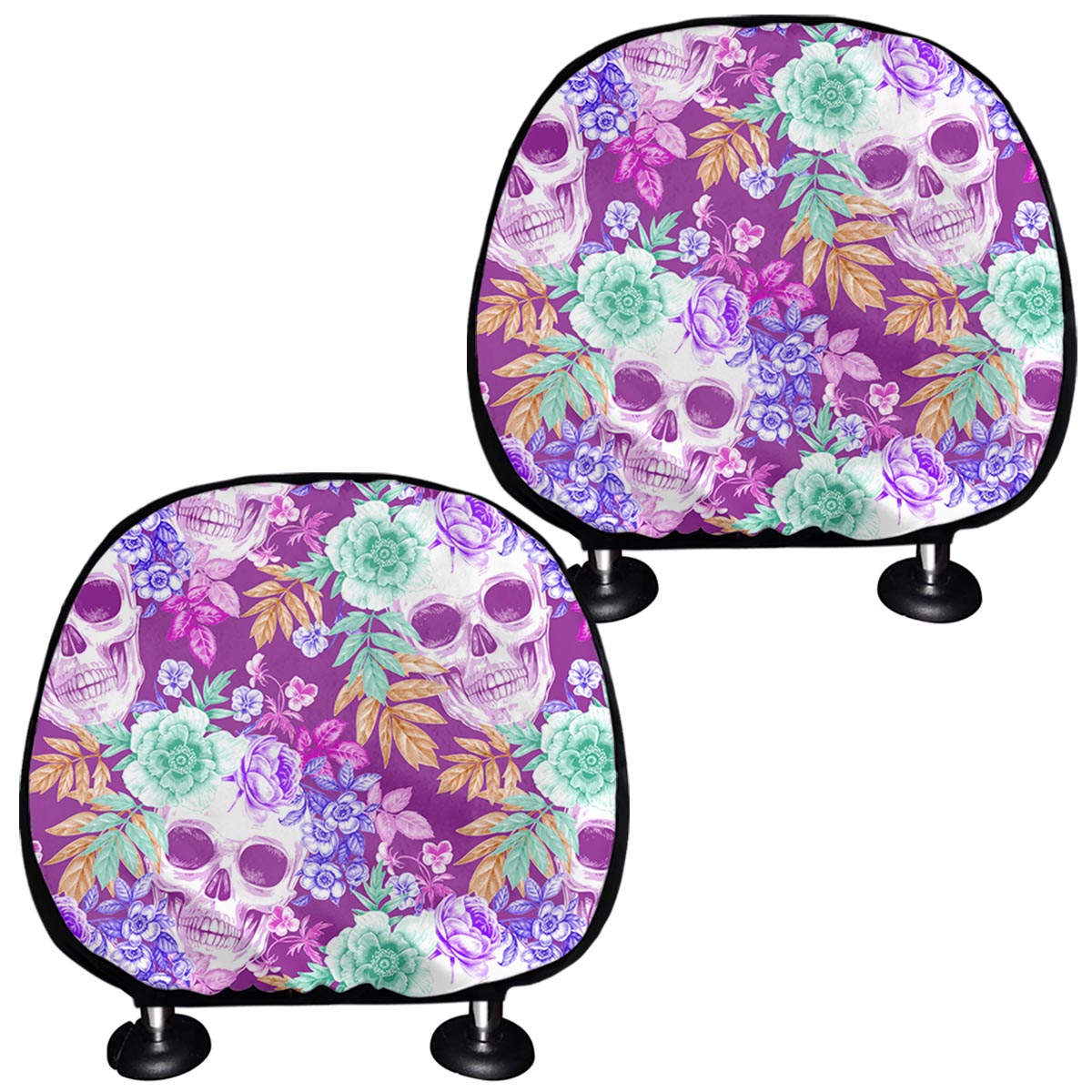 Neon Skull Floral Pattern Print Car Headrest Covers