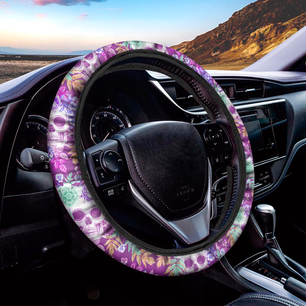 Neon Skull Floral Pattern Print Car Steering Wheel Cover
