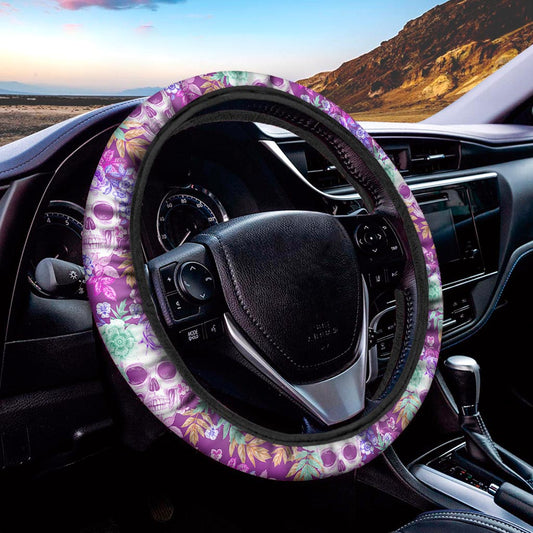 Neon Skull Floral Pattern Print Car Steering Wheel Cover