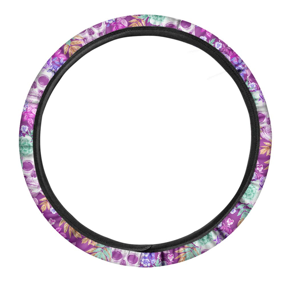 Neon Skull Floral Pattern Print Car Steering Wheel Cover