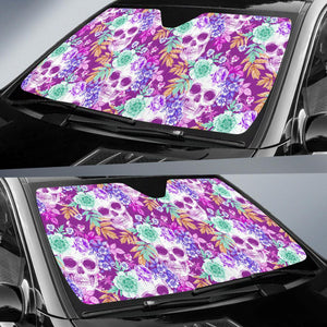 Neon Skull Floral Pattern Print Car Sun Shade GearFrost