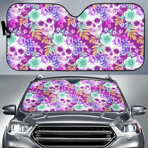 Neon Skull Floral Pattern Print Car Sun Shade GearFrost