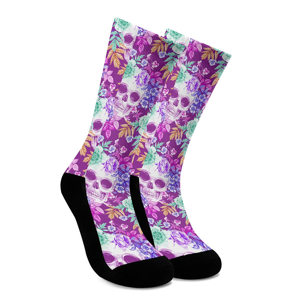 Neon Skull Floral Pattern Print Crew Socks