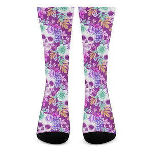 Neon Skull Floral Pattern Print Crew Socks