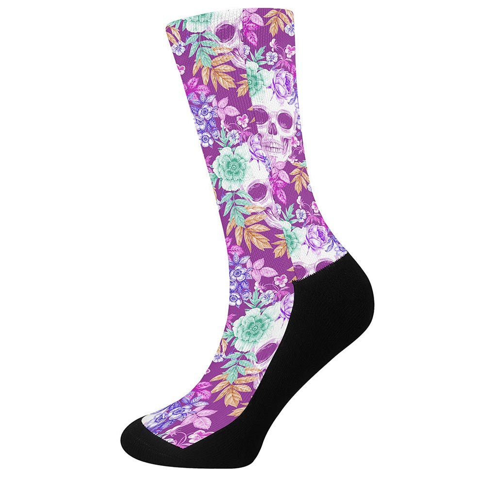 Neon Skull Floral Pattern Print Crew Socks