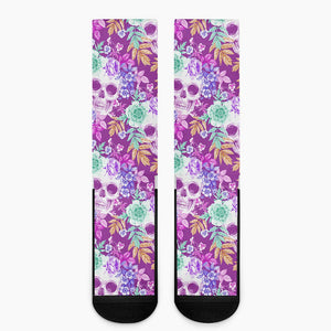 Neon Skull Floral Pattern Print Crew Socks