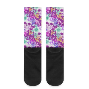 Neon Skull Floral Pattern Print Crew Socks