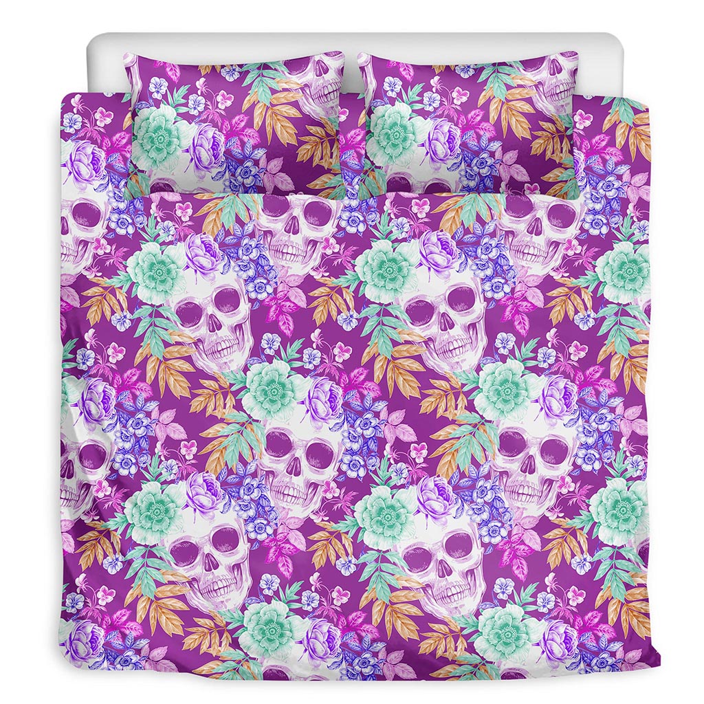 Neon Skull Floral Pattern Print Duvet Cover Bedding Set