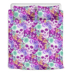 Neon Skull Floral Pattern Print Duvet Cover Bedding Set