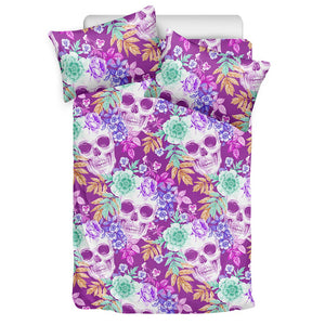 Neon Skull Floral Pattern Print Duvet Cover Bedding Set