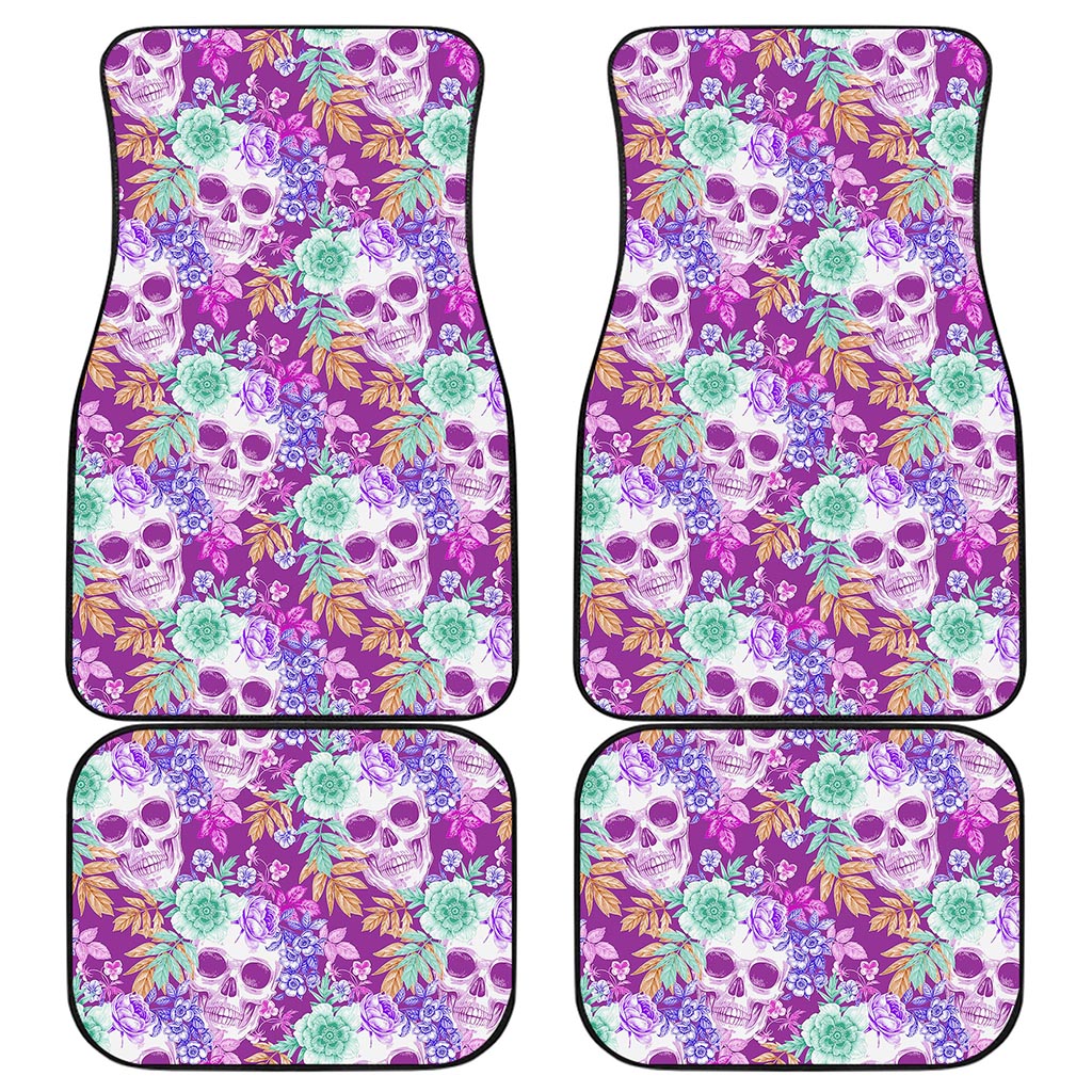 Neon Skull Floral Pattern Print Front and Back Car Floor Mats