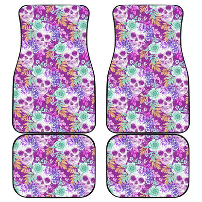 Neon Skull Floral Pattern Print Front and Back Car Floor Mats