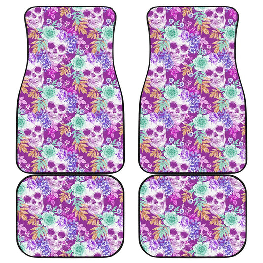 Neon Skull Floral Pattern Print Front and Back Car Floor Mats