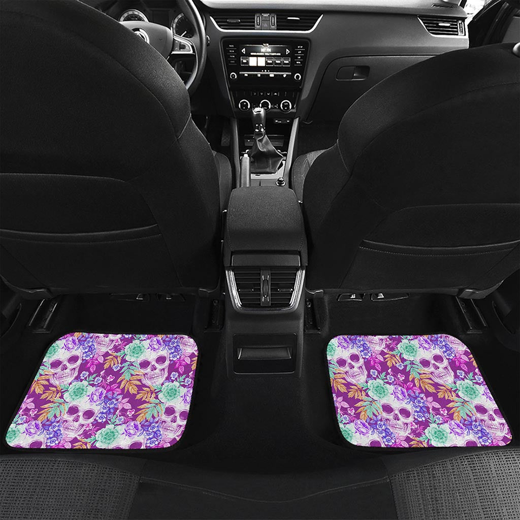 Neon Skull Floral Pattern Print Front and Back Car Floor Mats