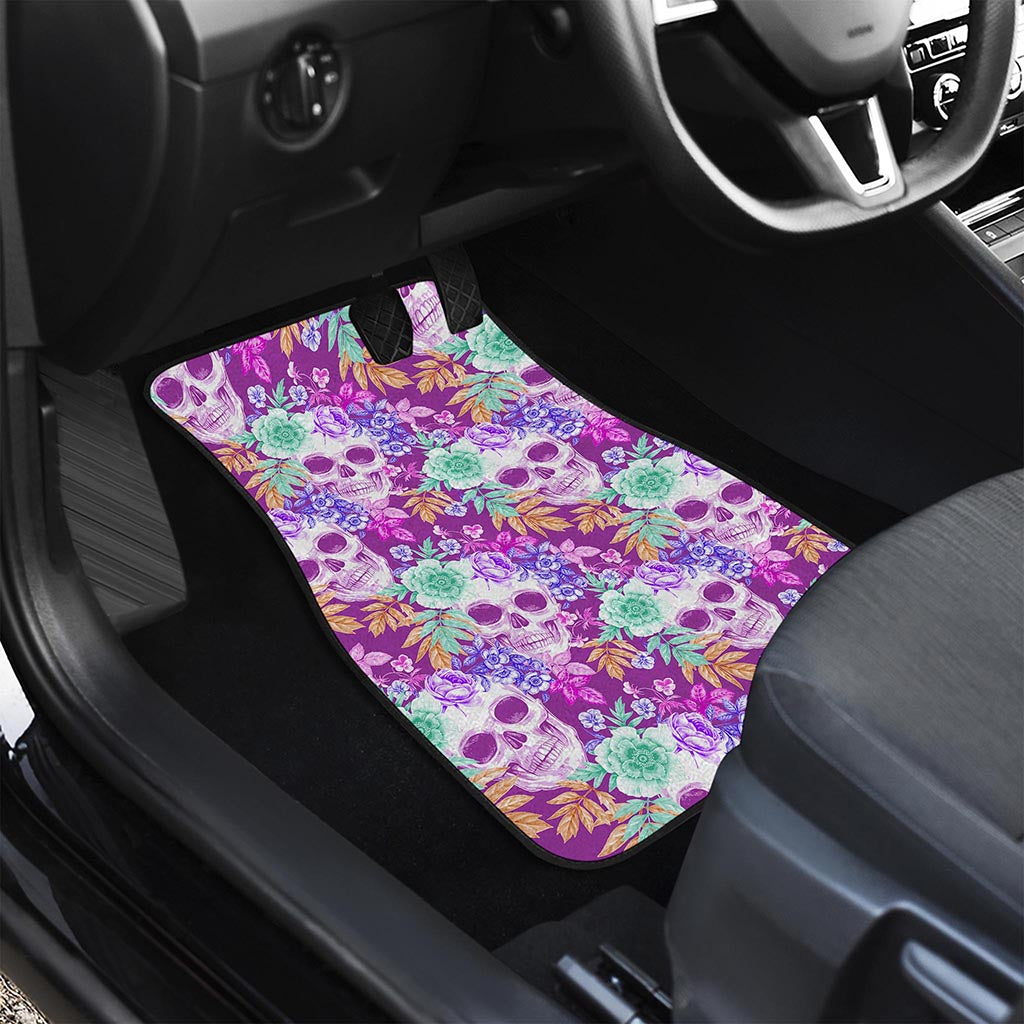 Neon Skull Floral Pattern Print Front and Back Car Floor Mats