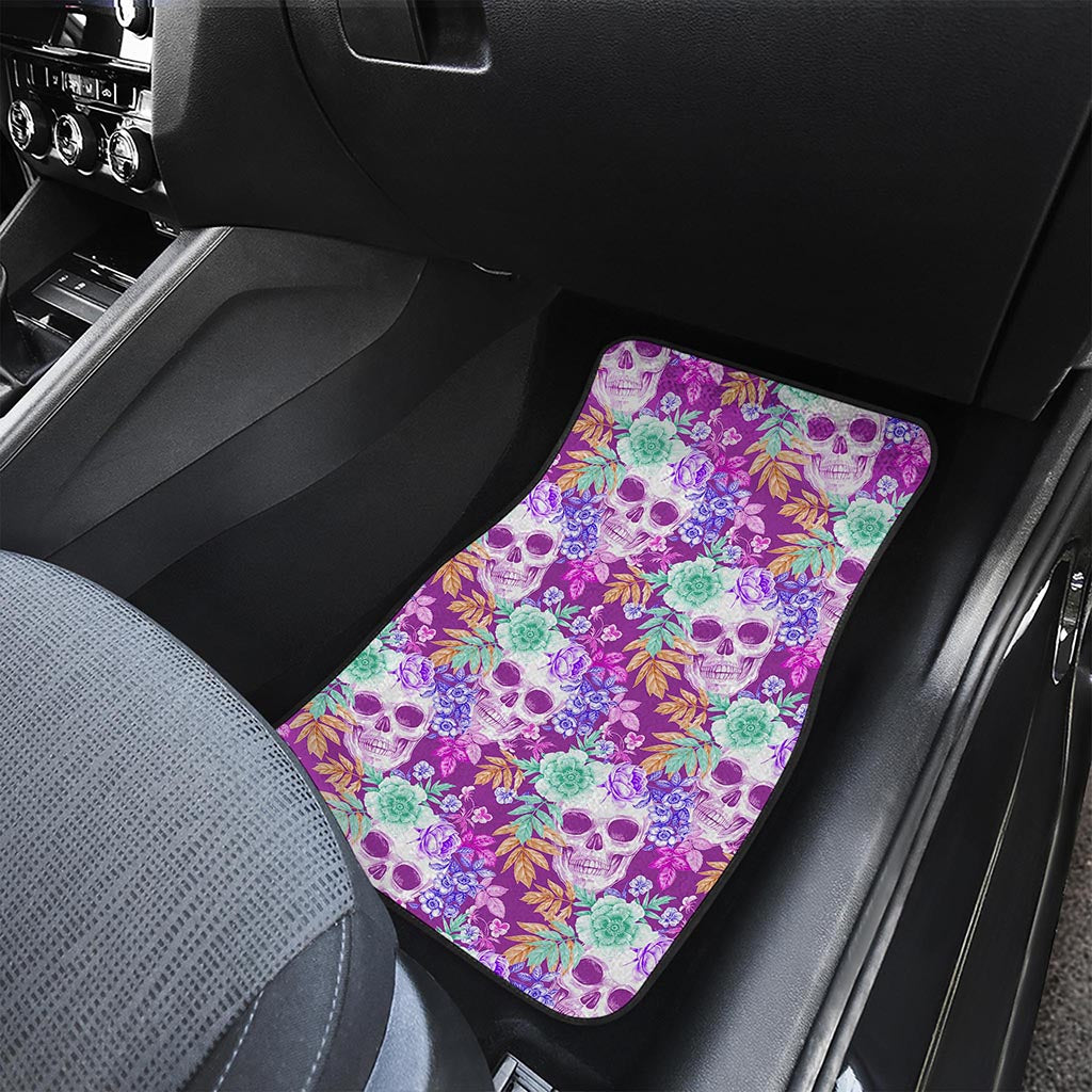 Neon Skull Floral Pattern Print Front and Back Car Floor Mats