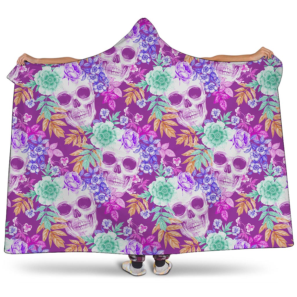 Neon Skull Floral Pattern Print Hooded Blanket