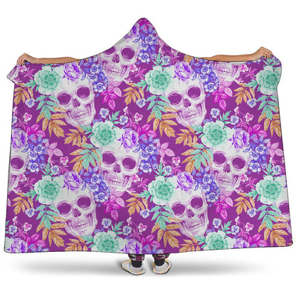 Neon Skull Floral Pattern Print Hooded Blanket