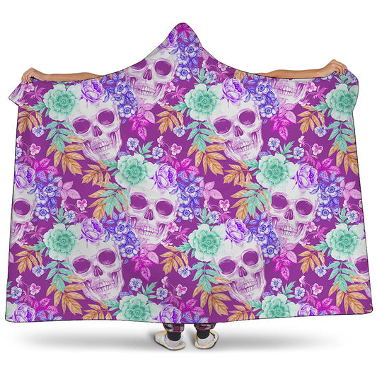 Neon Skull Floral Pattern Print Hooded Blanket