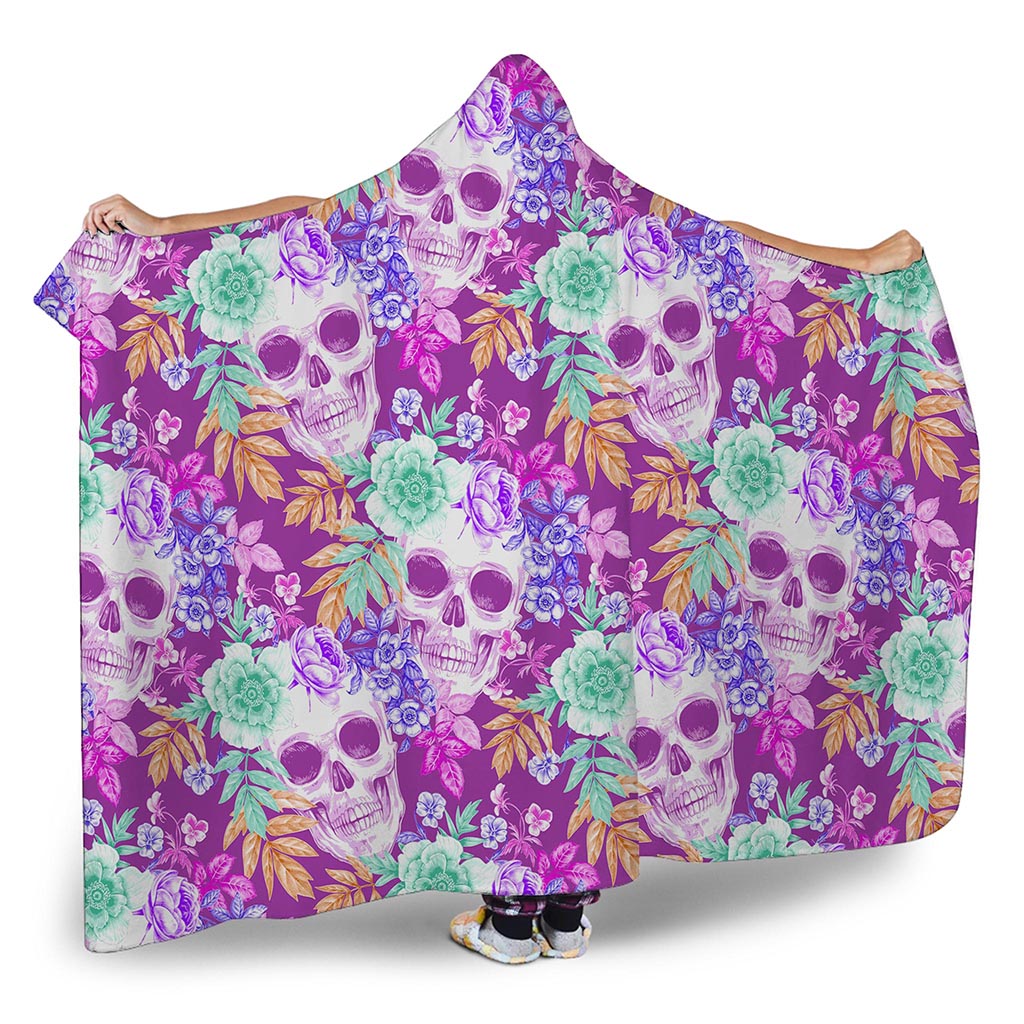 Neon Skull Floral Pattern Print Hooded Blanket