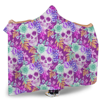 Neon Skull Floral Pattern Print Hooded Blanket